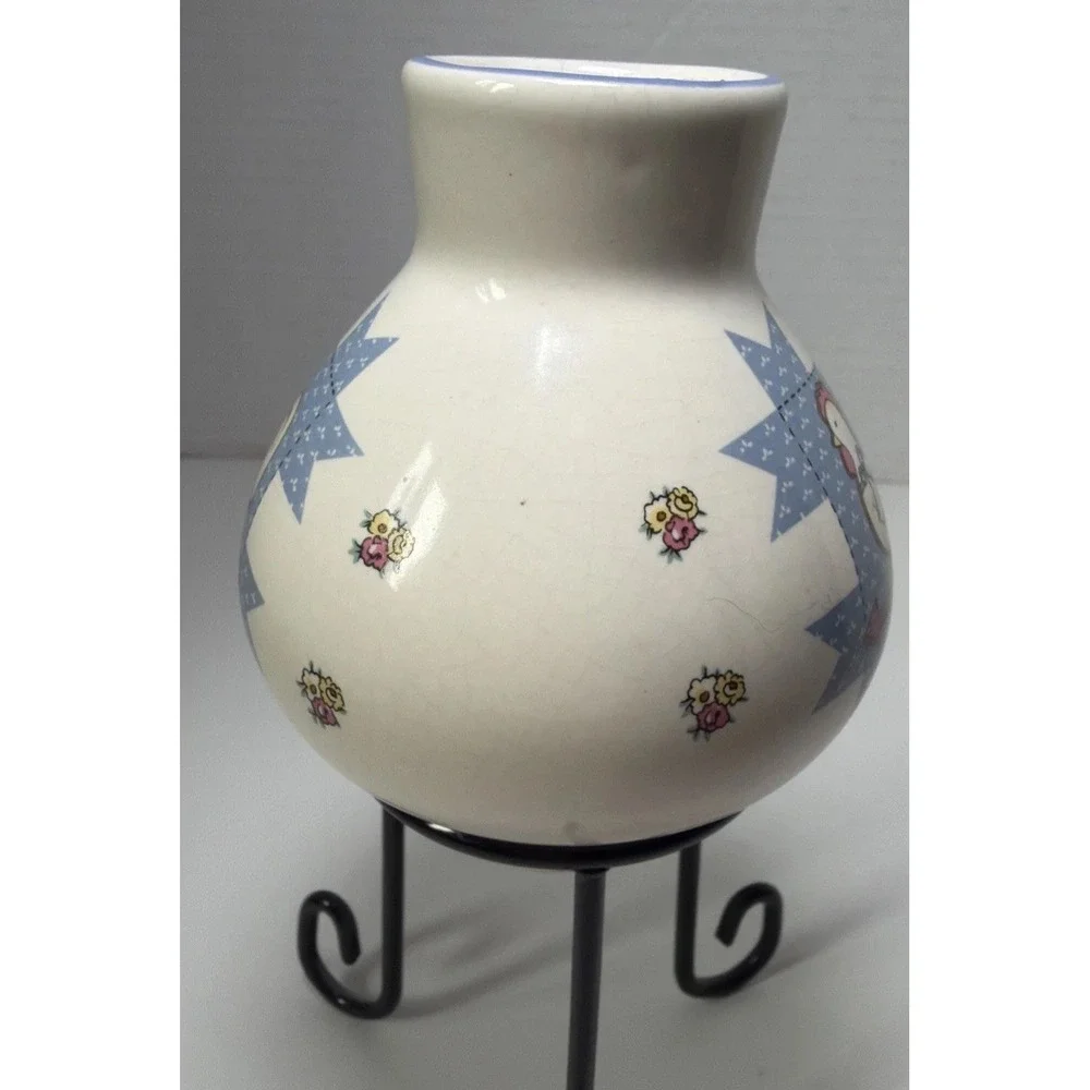 Small Rooster on an Arrow Bud Vase Blue Quilted Design With Flower Cottagecore